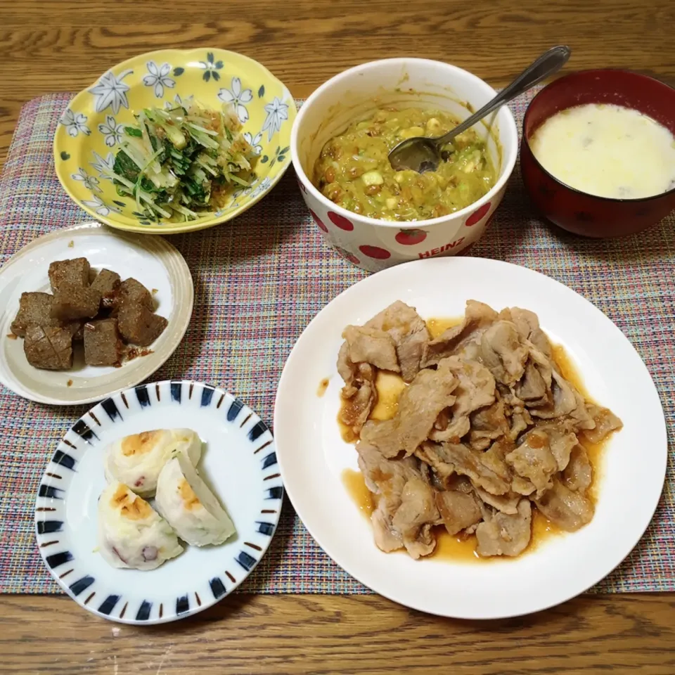 水菜のおひたし・納豆・ミルクスープ・宮のたれソテー・たこ焼きボール・おかかこんにゃく|美也子さん