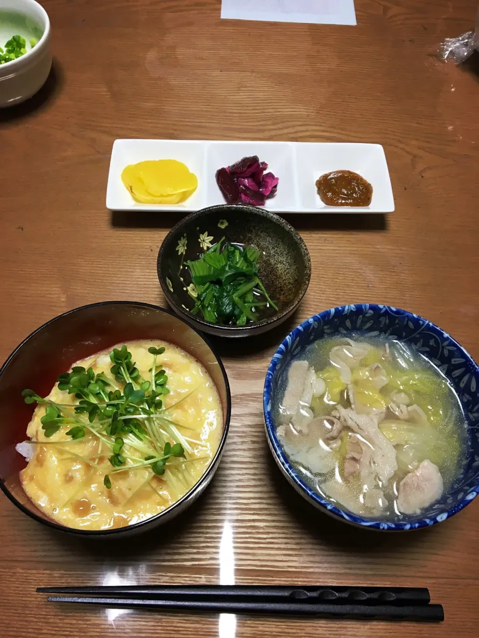 ナメタケとろろご飯・三つ葉のお浸し・白菜と豚バラの汁|ヨシヨシさん