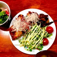 Snapdishの料理写真:鶏肉の照り焼きと野菜サラダとラディッシュ浅漬け  #照り焼きチキン  #野菜サラダ|さやさん