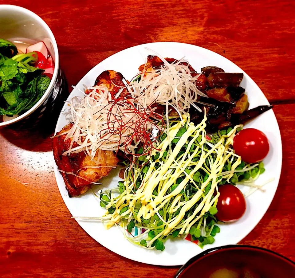 鶏肉の照り焼きと野菜サラダとラディッシュ浅漬け  #照り焼きチキン  #野菜サラダ|さやさん