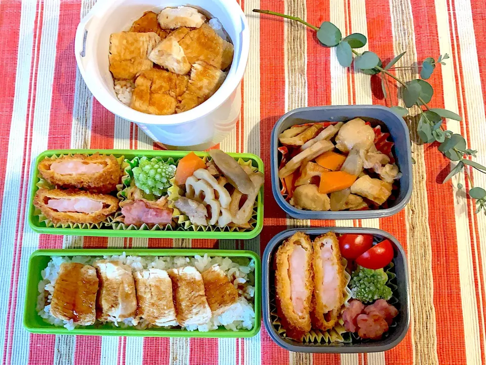 Snapdishの料理写真:#男子部活弁当。姉おまけお弁当   #作り置き  今日のお弁当 作り置きで筑前煮、海老カツ、人参ツナ、鶏胸肉丼、#お弁当|yukaさん