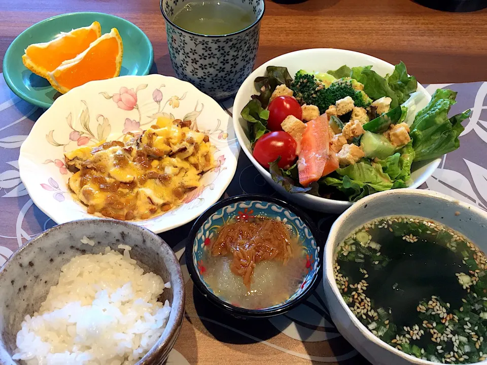 Snapdishの料理写真:朝ごはん
もりもりサラダ、納豆オムレツ、白米、わかめスープ、デコポン、緑茶|かよちゃんさん