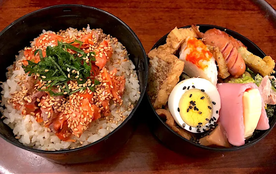 3月14日本日も息子弁当🍱粗挽きウインナー🥓レンコンカレー風味🍛ブロッコリー🥦ひじきと切り干し大根の煮物🥘ハムチーズ🧀紅鮭ハラス🥘大葉🥬 #サーモスランチジャー  #息子弁当  #札幌  #レンコン  #ブロッコリー🥦  #sandwich  #macaroni  #ウインナー  #レンコン 鮭 #厚揚げの煮物|Yukie  Toriseさん