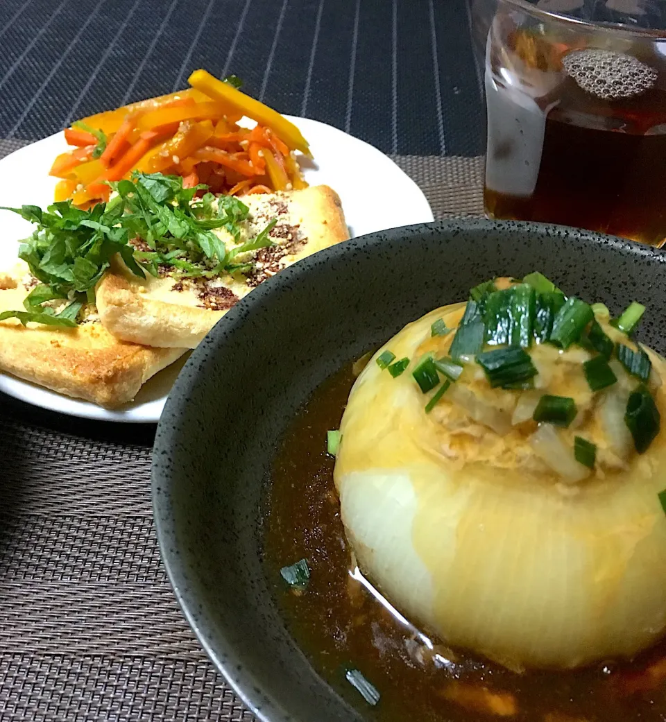 ・新玉ねぎの肉詰めあんかけ
・焼き油揚げ
・かぼちゃのゴマきんぴら|ちぐあささん