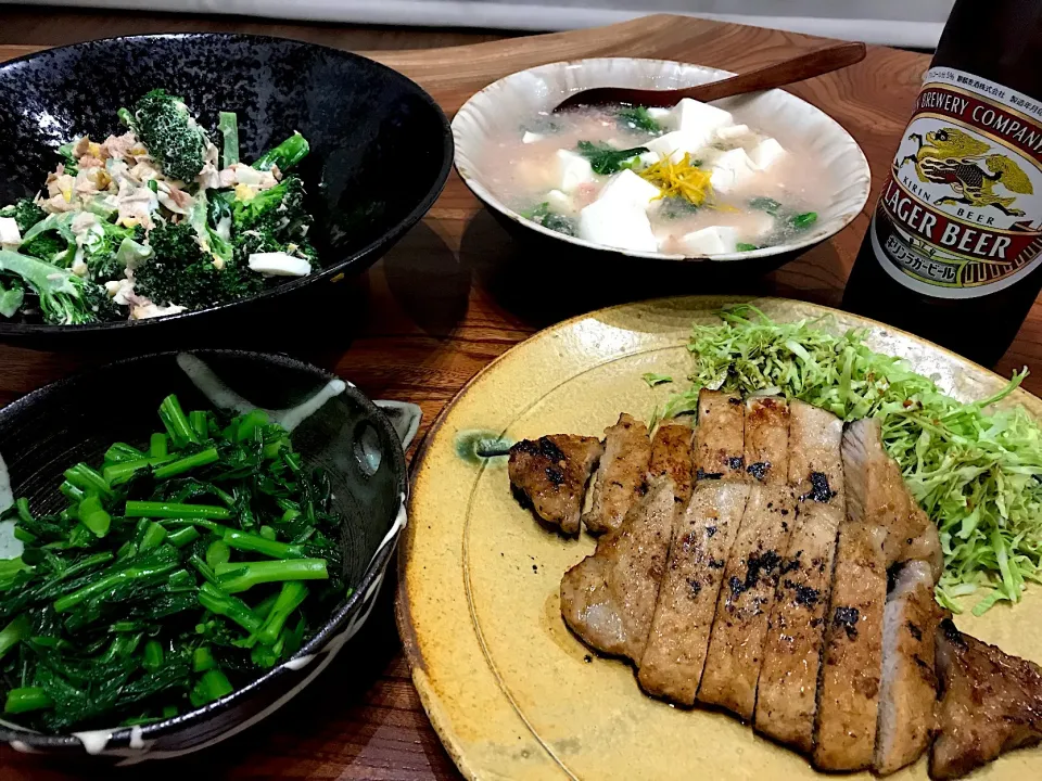 Snapdishの料理写真:2019.3.15 明太豆腐&豚ロース味噌漬け焼き🍻🍻🍻|ゆみずさん