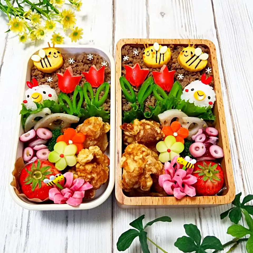 そぼろ弁当🌷チューリップ&🐝ミツバチの春弁当|ayano.adshさん