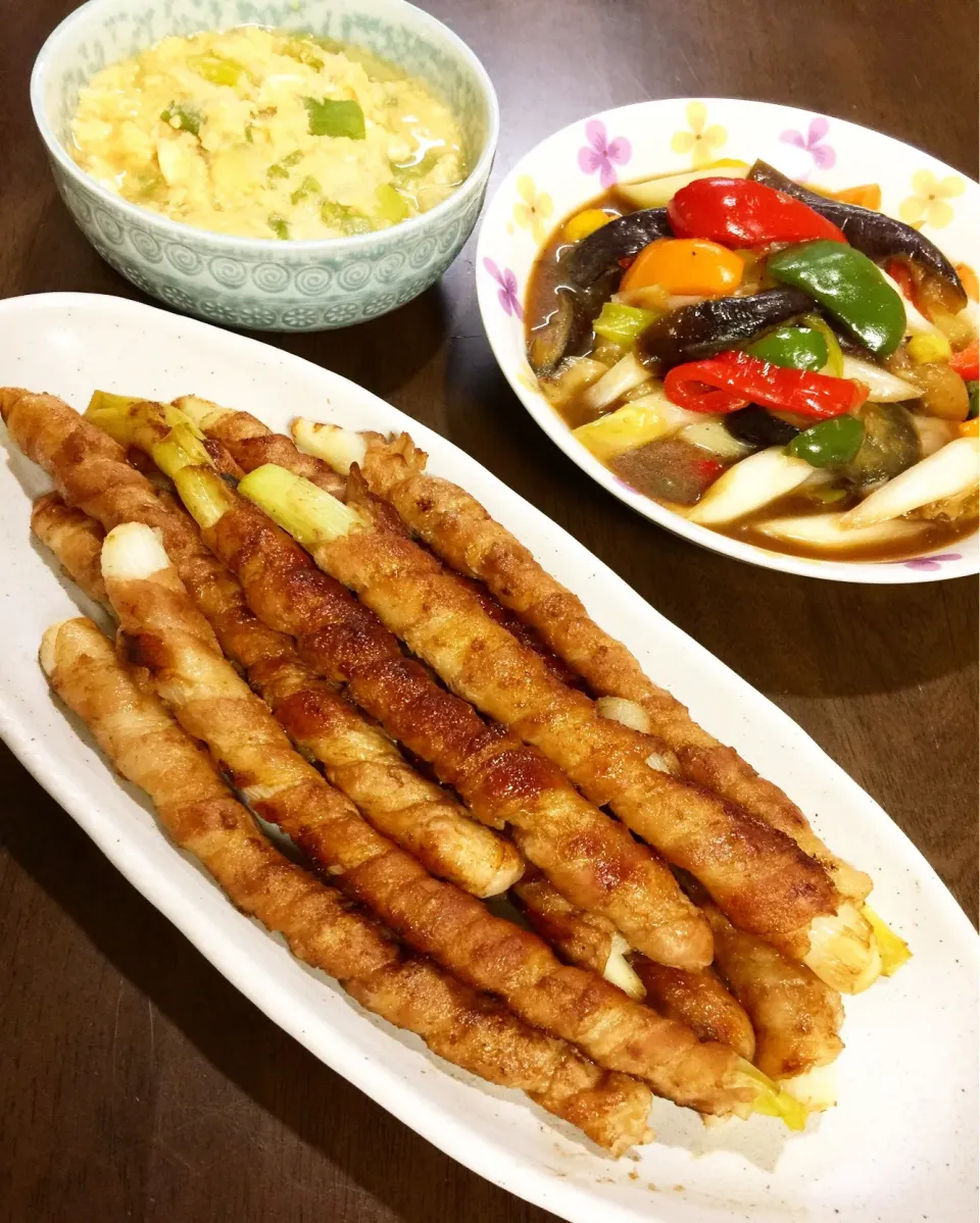 ネギの豚バラ巻き&ネギと野菜のオイスターソース炒め&ネギ好きの卵みそ|み〜さん