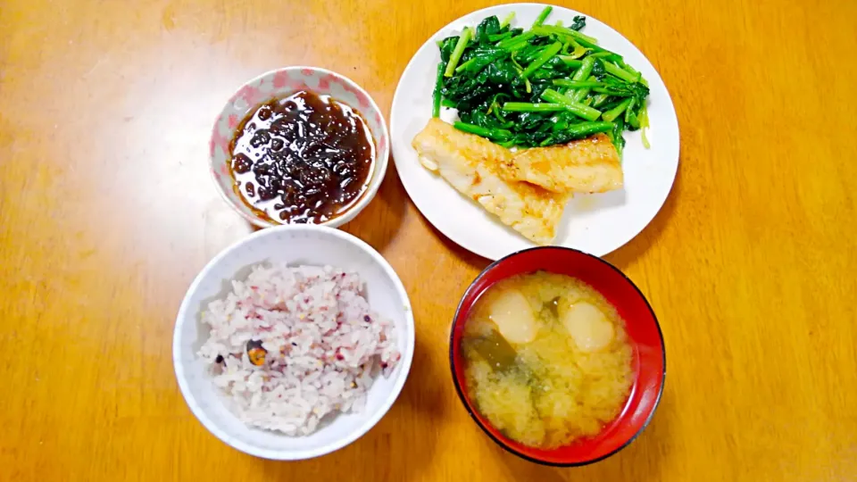 ３月５日　鱈のムニエル　ほうれん草のソテー　もずく　お味噌汁|いもこ。さん