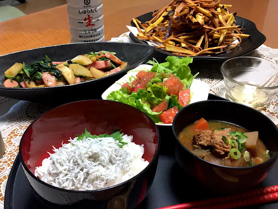 今夜はしらす丼と豚汁🍀

#夕飯 #豚汁定食  #しらす丼  #さつまいもスティック|makoさん