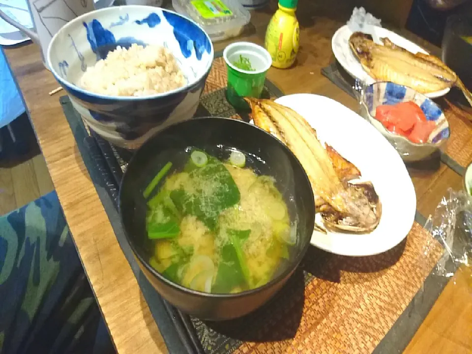 ほうれん草の味噌汁&納豆&アジの開き|まぐろさん