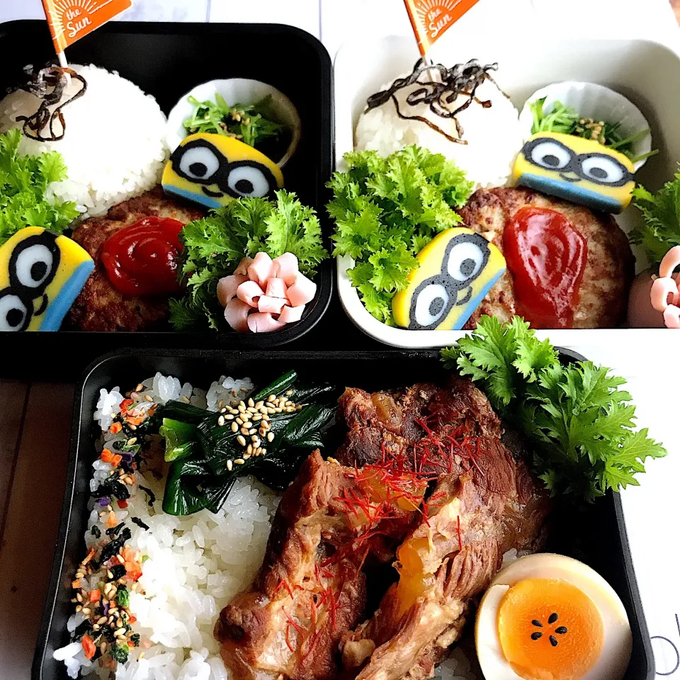 Snapdishの料理写真:#旦那弁当  #娘弁当  #置き弁 #カネテツ#ミニオン#豚バラなんこつ煮込み|mnkさん