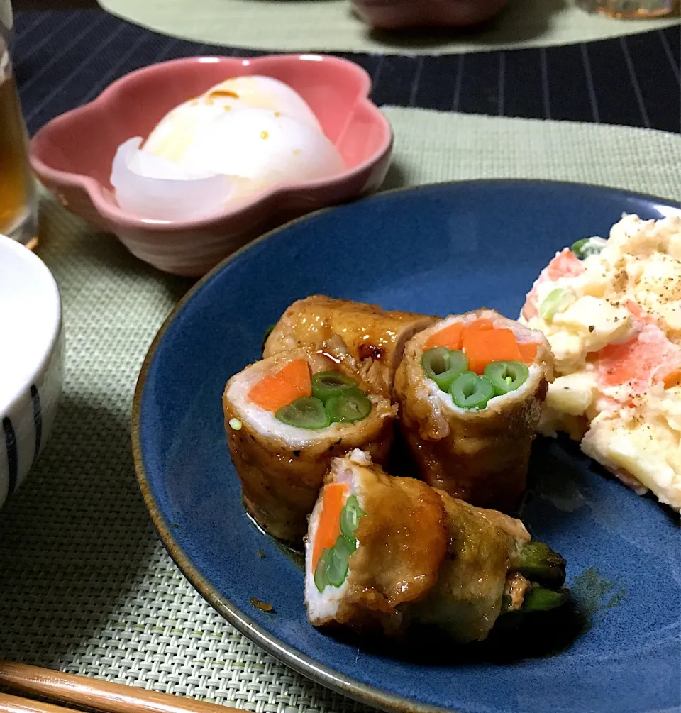 ・インゲンと人参の豚巻き ・四川風ポテトサラダ ・新玉ねぎのレンジ蒸し|ちぐあささん