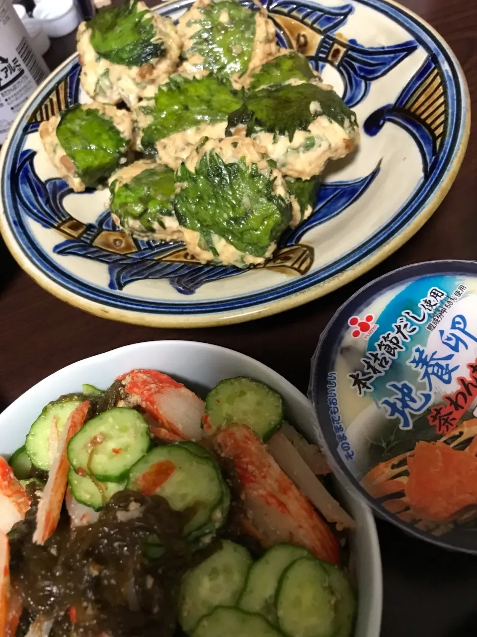 3月21日晩ご飯。納豆大葉つくね、もずく酢、レトルト茶碗蒸し、お味噌汁。|あやさん