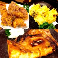 Snapdishの料理写真:居酒屋メニュー🥢 唐揚げ🐔ブリカマ🐟牡蠣の天ぷら🐚 #家飲み部|kuremaさん