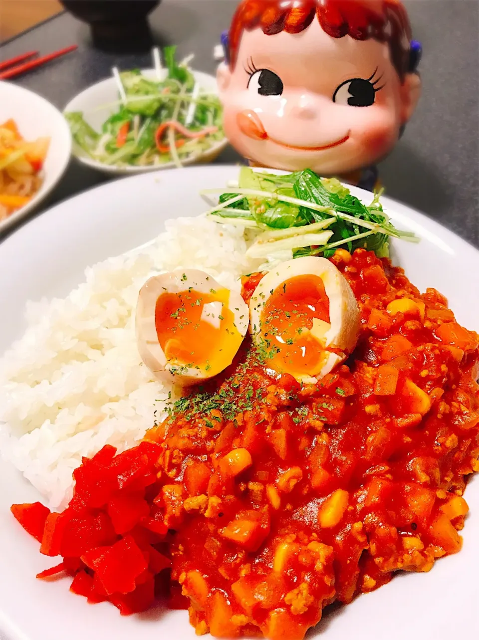 Snapdishの料理写真:甘そうに見えてスパイシー♡唐揚げ粉のトマドライカレー。|ぽき。さん