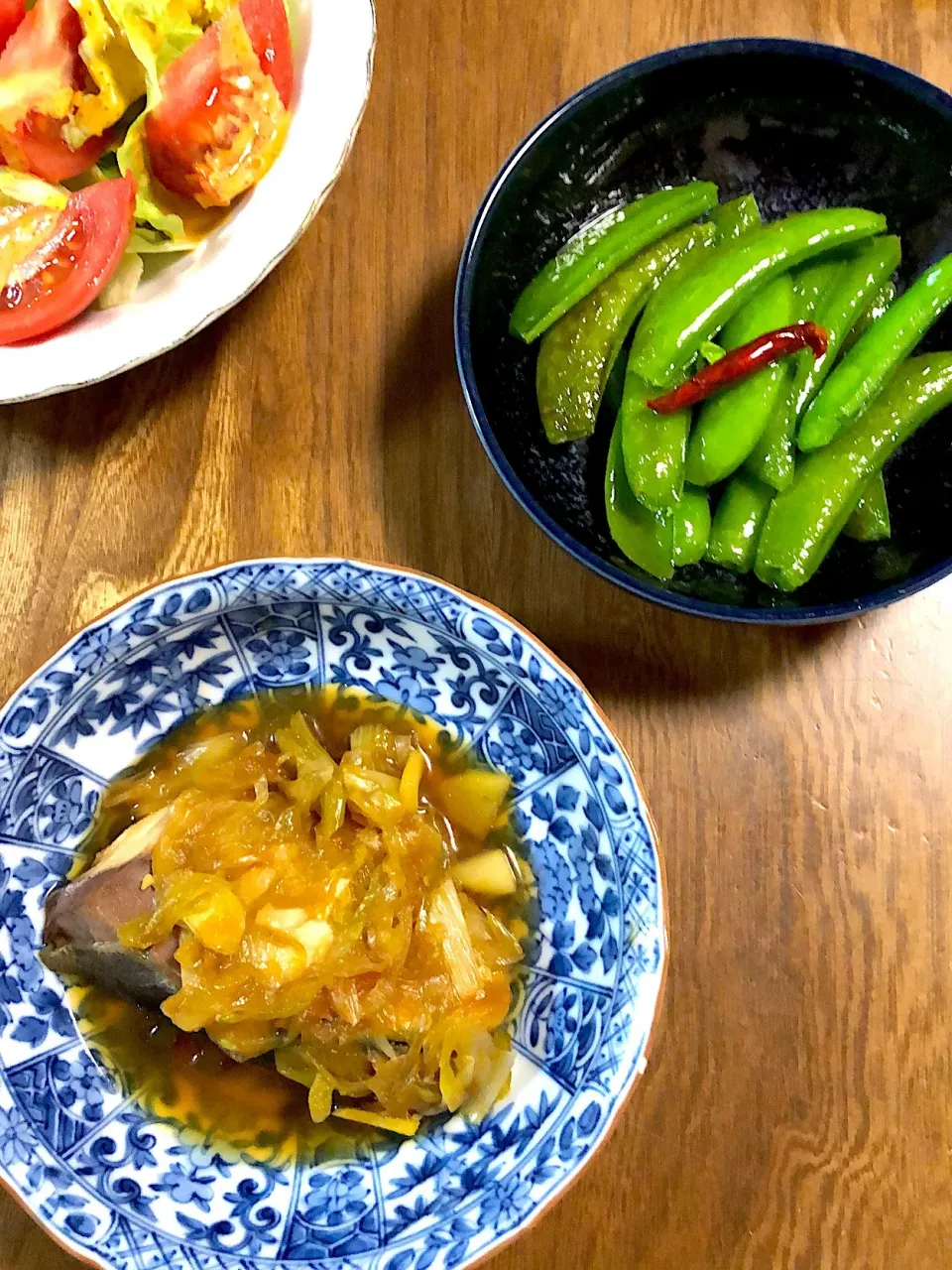 鰤とネギの照り焼きとスナップエンドウのオイル蒸し|obachanさん