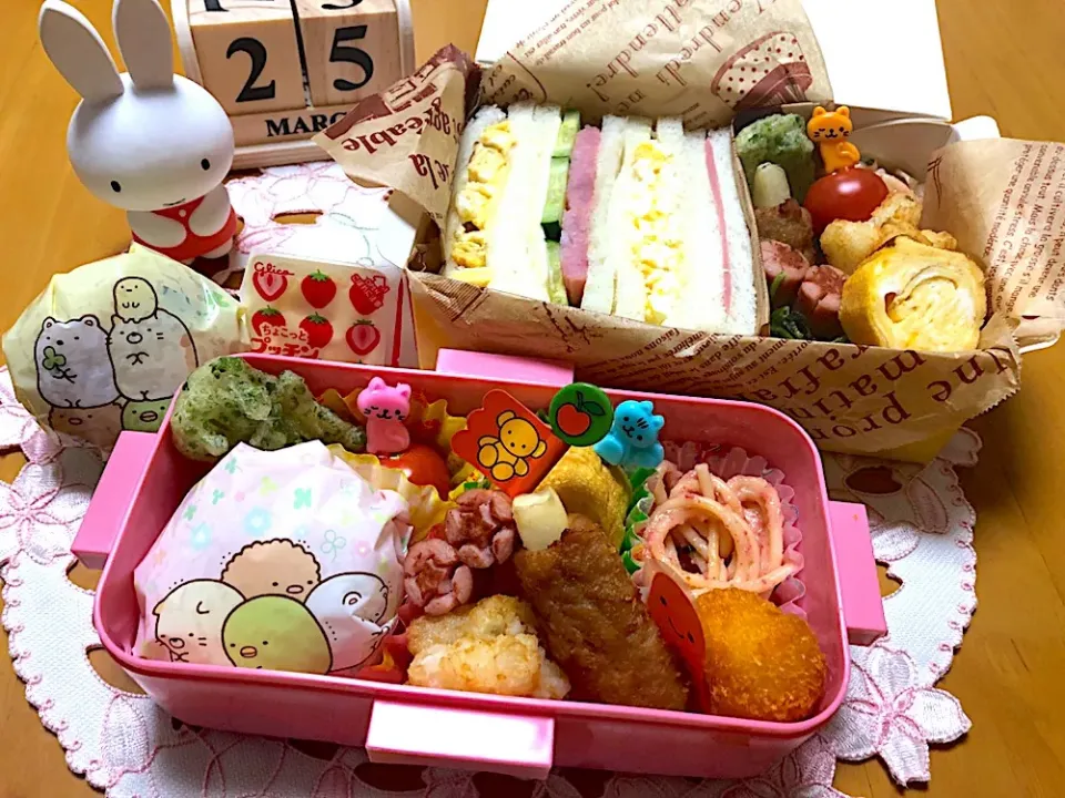 Snapdishの料理写真:娘と私のお弁当。
サンドイッチ作ったのにおにぎりがいいと言われ10分で。。。勘弁してください。。。|まやみぃさん