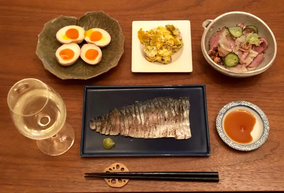 炙りしめ鯖と味付け卵で家飲み|マユマユさん