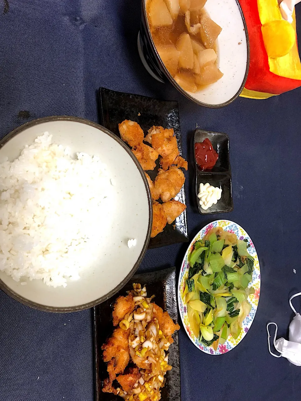 Snapdishの料理写真:ササミ唐揚げ 豚バラ大根 青梗菜の炒め物|鶏肉たろうさん