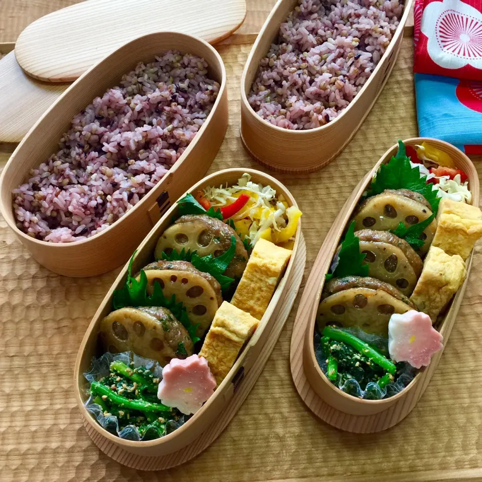 🍱３月２９日(金) 今日のお弁当
○ 雑穀米
○ れんこんバーグの照り焼き
○ ほうれん草の胡麻和え
○ 千切りキャベツとパプリカ
○ 玉子焼き
○ 大葉・生麩（桜）|mutsumi☺︎さん