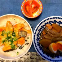 鮭味噌マヨ丼と味玉の煮物|くーさん