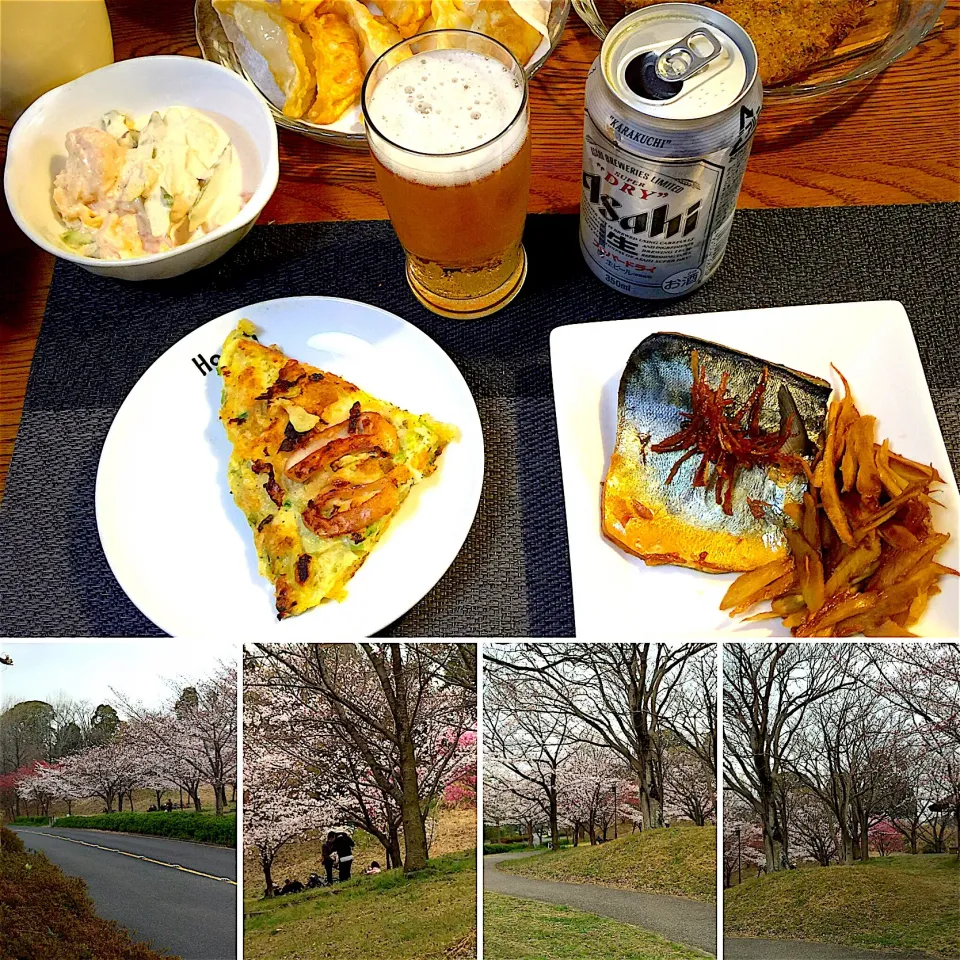 鯖と牛蒡の煮付け、パリパリポテト、
お好み焼き、海老マヨ、鰯フライ
ビール|yakinasuさん