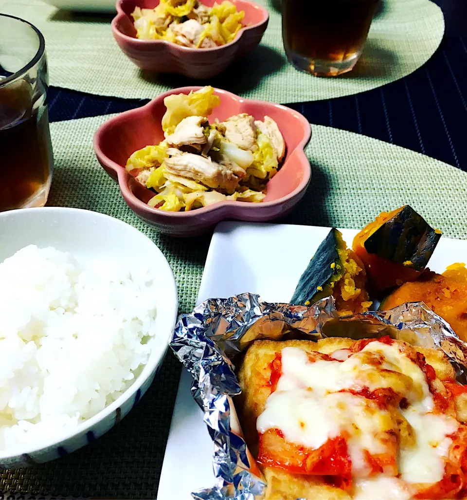 ・厚揚げキムチーズ焼き ・かぼちゃ煮 ・ささみと春キャベツのピリ辛|ちぐあささん