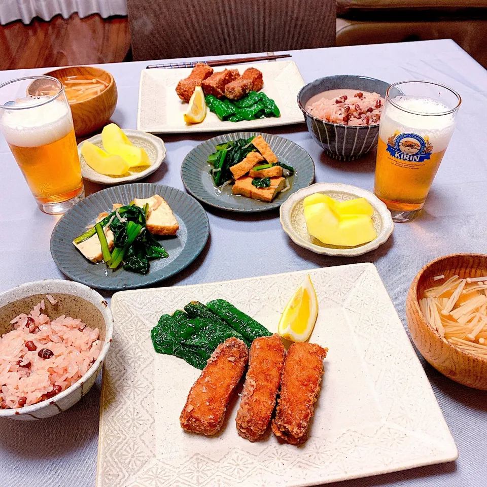 ✿マグロの竜田揚げ
✿小松菜と厚揚げとちりめんじゃこの煮物
✿えのきと豆腐のおすまし
✿赤飯|はらしおりさん