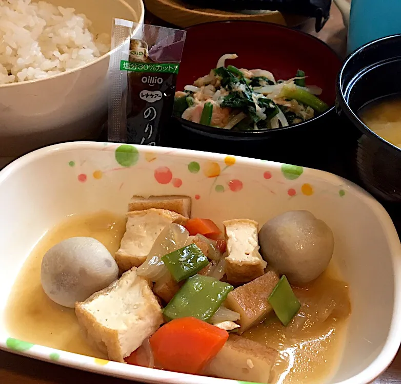 アル中病棟の朝ごはん☀️☀️🔆74日目
麦ごはん🍚  みそ汁（かぼちゃ🎃）  生揚げ煮付け  酢醤油和え  のり佃煮|ぽんたさん