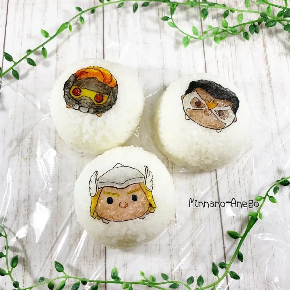 マーベルツムツム『スターロード・ソー・ファルコン』おにぎり
 #オブラートアート 
 #オブアート 
 #アニメ弁当|みんなのあねごさん