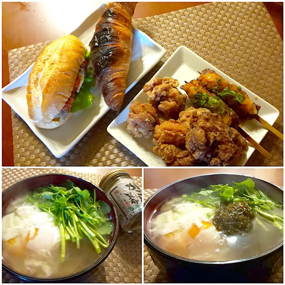 Snapdishの料理写真:Midnight Meal🌝お肉屋さんのはらみおろし串･お惣菜<鯖ｻﾝﾄﾞ&ｸﾛﾜｯｻﾝ･唐揚げ2種>･しんたまと芹のあご出汁おうどん|🌈Ami🍻さん