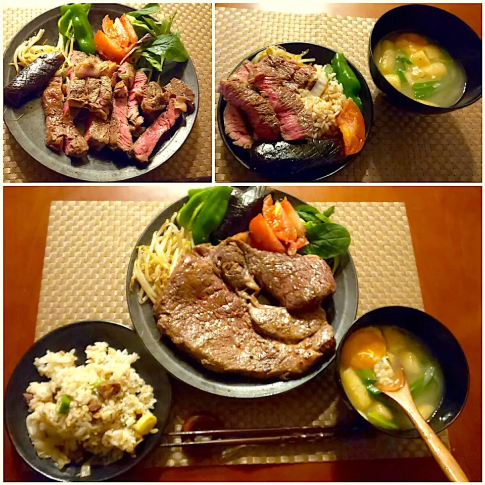 Today's Dinner🍴厚切りｽﾃｰｷ丼🥩･下仁田ﾈｷﾞとお揚げのしんたまお味噌汁･ｶﾞｰﾘｯｸﾗｲｽ|🌈Ami🍻さん