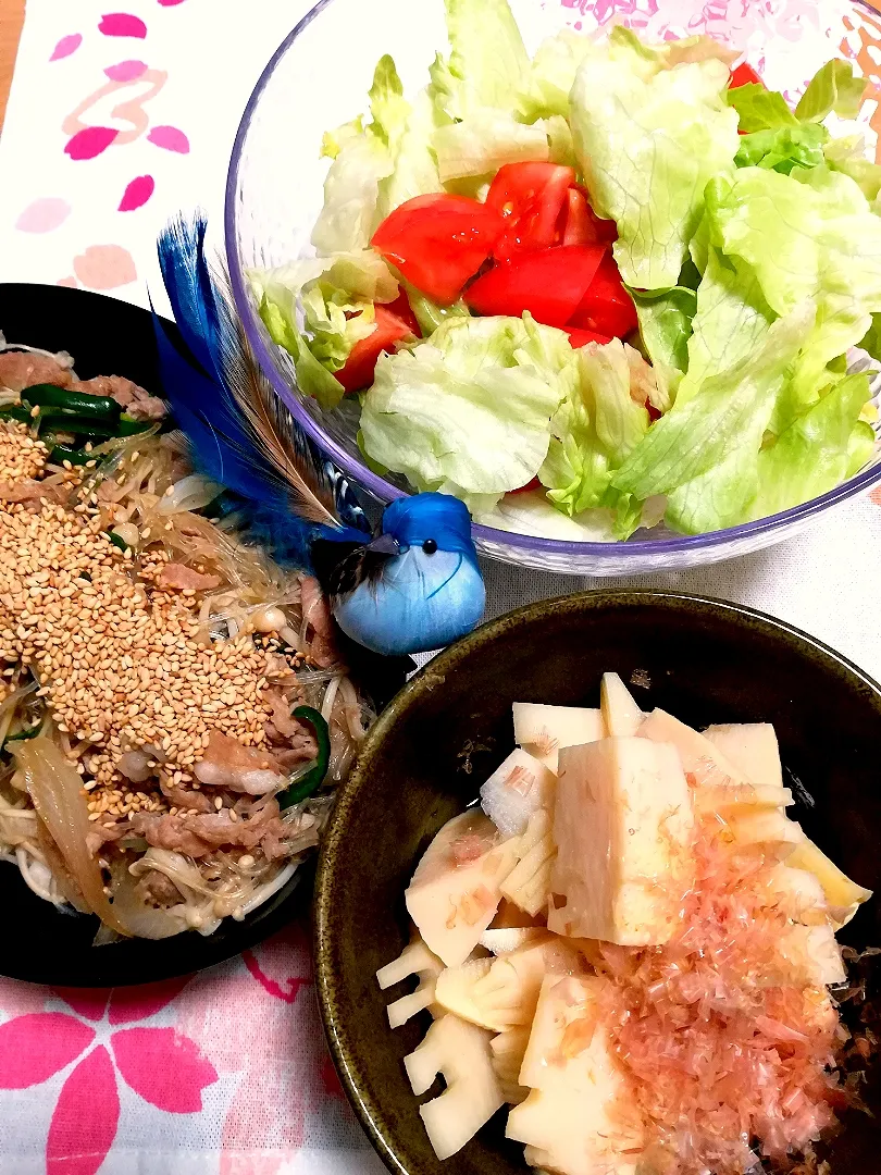 Dinner #タケノコの煮物 #チャプチェ #サラダ|tamakiさん