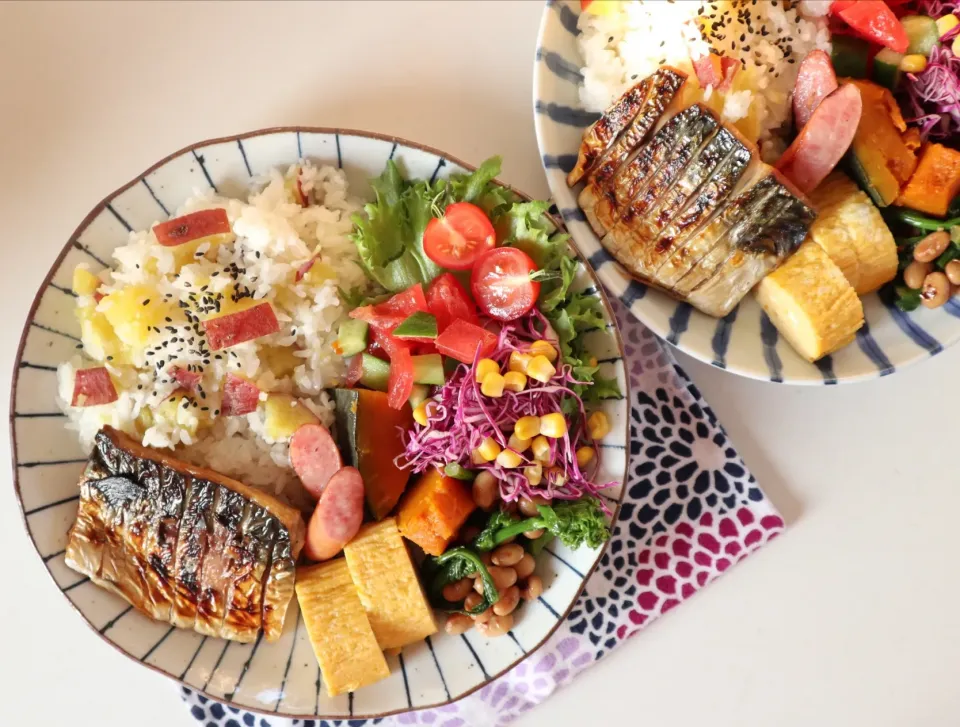 Snapdishの料理写真:春休み置きランチ6日目🌸
塩鯖とさつまいもごはん定食🍠|なかじー。さん