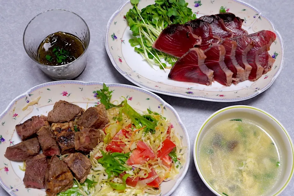 Snapdishの料理写真:肉と魚の晩ご飯…って 我が家じゃよくあるパターン💦|Orie Uekiさん