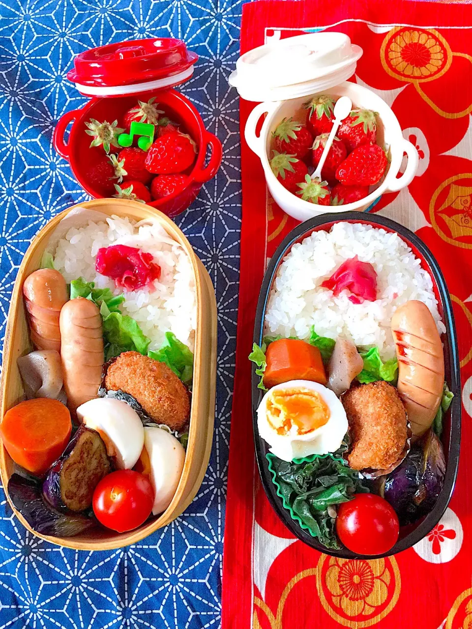 #お弁当 #お父さん弁当  #自分弁当 
 #野菜たっぷり #日の丸弁当 #雪むすび #ゆで玉子 
 #デザートはイチゴ|Blueberry🫐さん