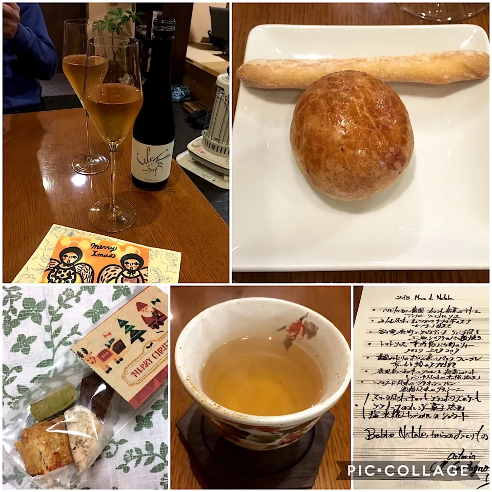 Snapdishの料理写真:ノンアルコールスパークリングワイン、諸子沢産黄金みどりの烏龍茶、マスタード風味のブリオッシュパン、酒粕風味のグリッシーニ、Babbo Nataleからの贈り物（ビスコッティ）|こいちさん