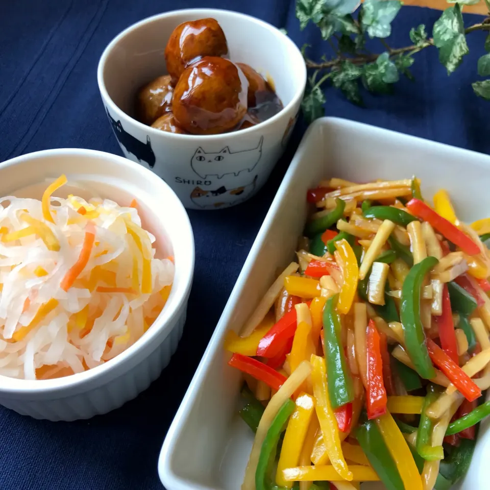 🥢🍚今日のお惣菜たち🥢🍚 豆腐入り肉団子の甘酢あん、パプリカとピーマンと竹の子のオイスター炒め、白黄色橙色のなます🥕|Hollyさん