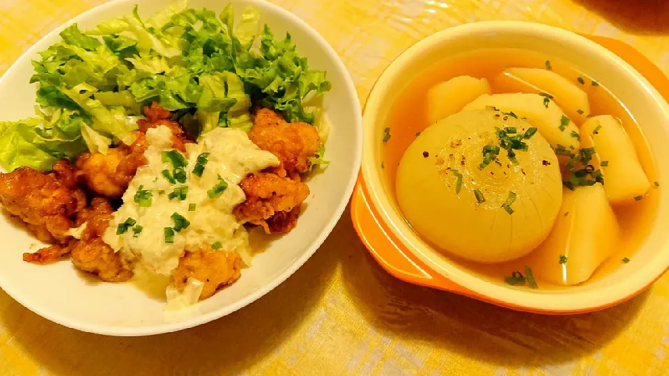 ナデシコさんのチキン南蛮&まるごと玉ねぎとじゃがいものスープ|あられさん