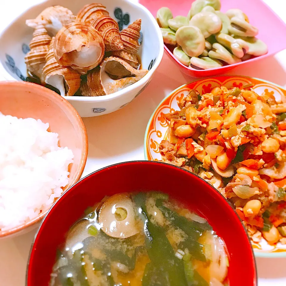 ご飯、お麩とワカメの味噌汁、豚肉と野菜と大豆の卵煮、つぶ貝、そら豆|nikotan.syさん