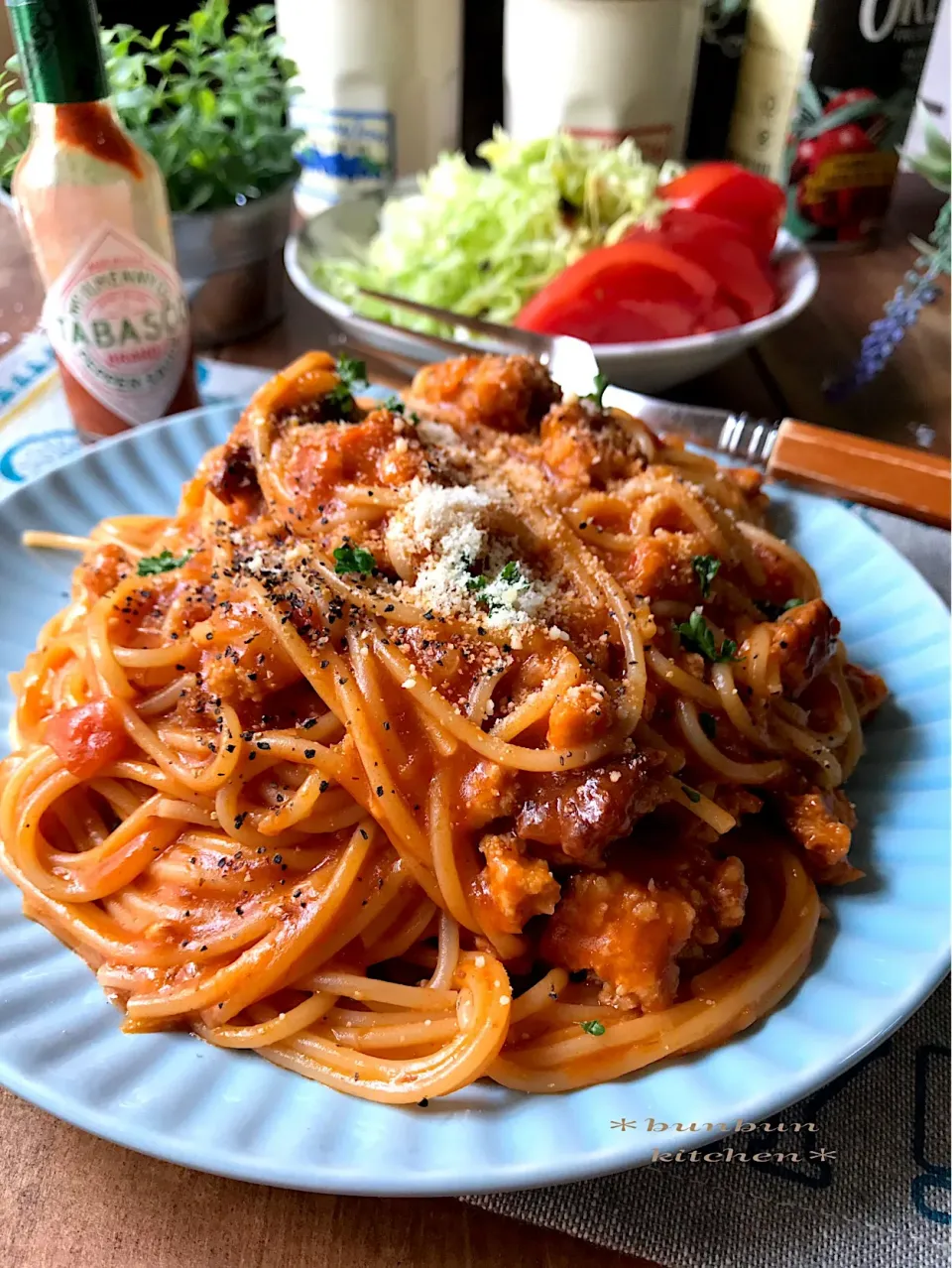 Snapdishの料理写真:いつもの大盛りすぱげっちぃ🍝🌸|ハナたなさん