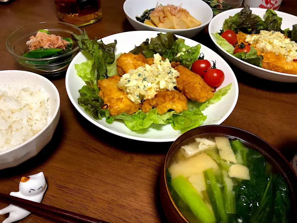 チキン南蛮🐓
オクラのおひたし
小松菜のお味噌汁🥬|m-amさん