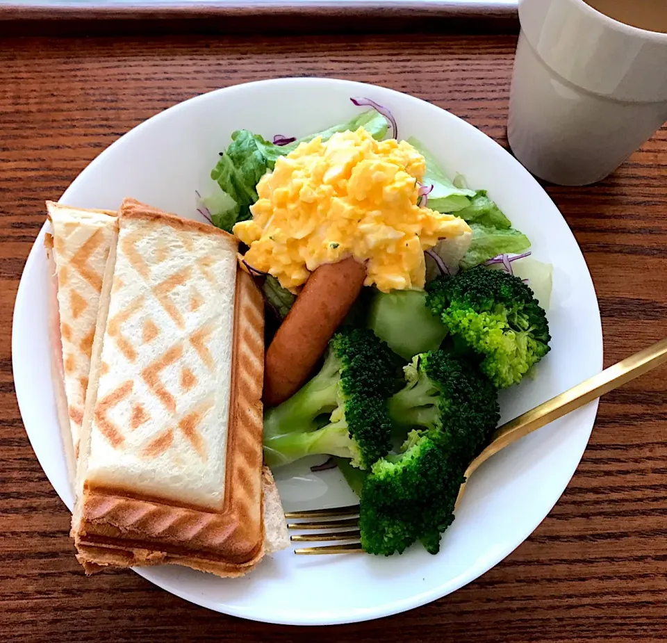 Snapdishの料理写真:タルタルドレッシングでサラダ🥗ホットサンド朝ごはん✨|ふぅさん