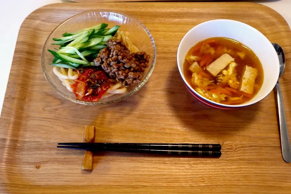 今日の夕食 納豆キムチうどん、酸辣湯|pinknari🐰🌈さん