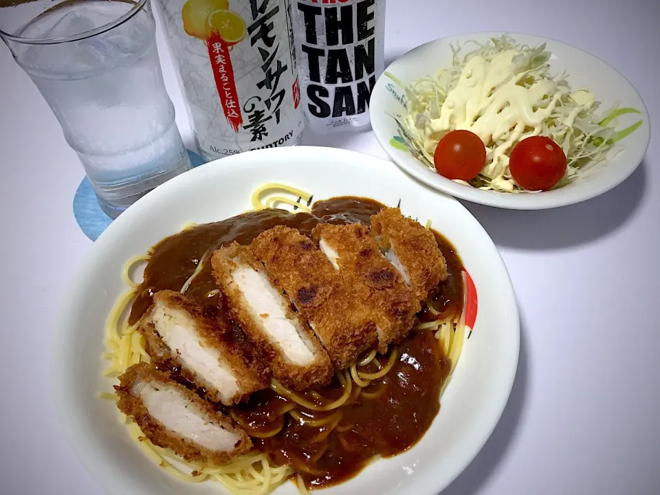 今宵は、揚げない豚カツカレースパ🍝🐽
#カツカレースパ|Kojiさん