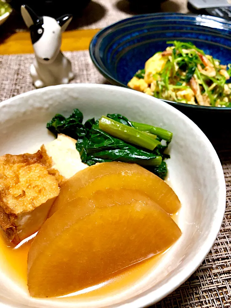 大根と厚揚げの煮物
豆苗と卵、桜エビの炒め物|くっきいママさん