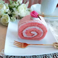 Snapdishの料理写真:「シェ松尾」の桜のロールケーキ|なんちゃってパティシエさん