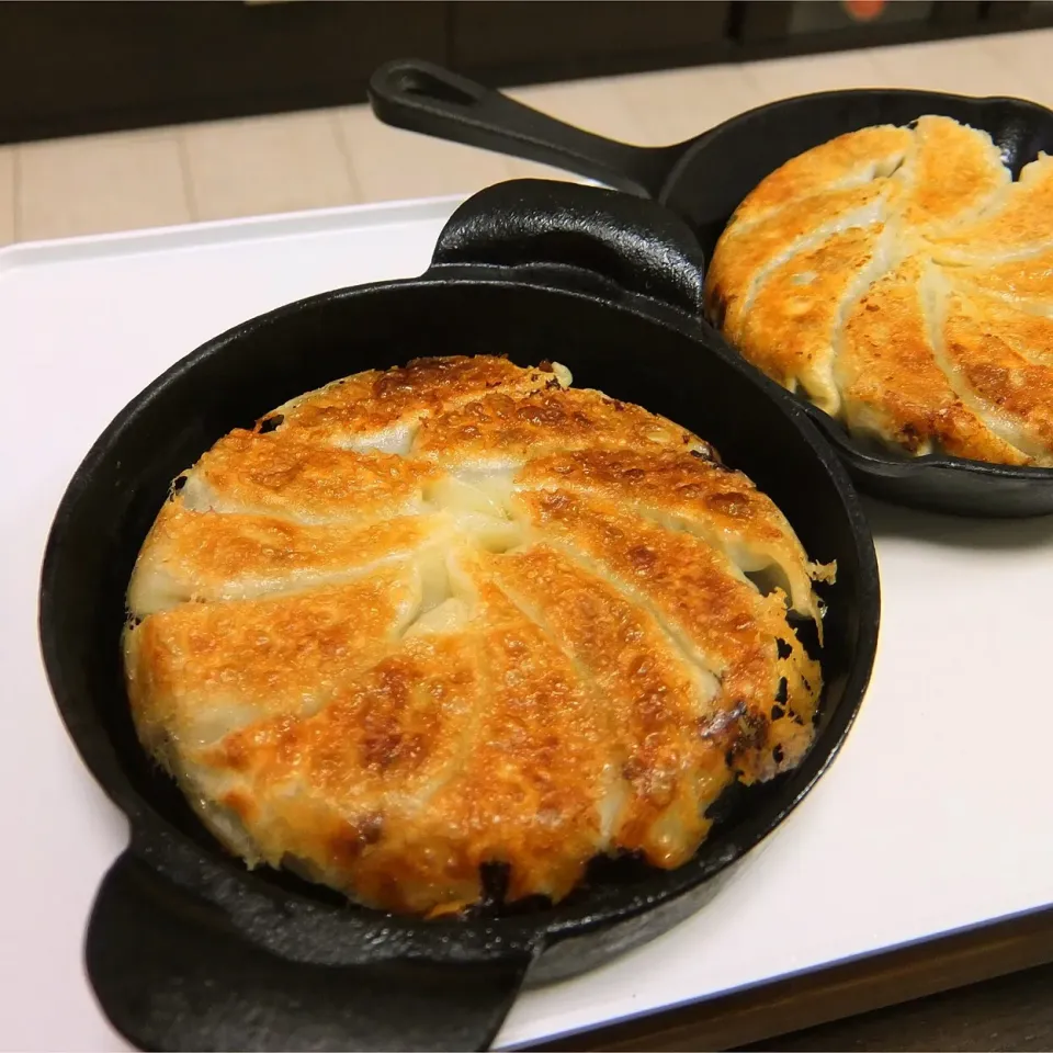 我が家の定番セロリ餃子とピリ辛餃子でダブル餃子。スキレットをホットプレートにのせてずっと熱々！|MAYUKOさん