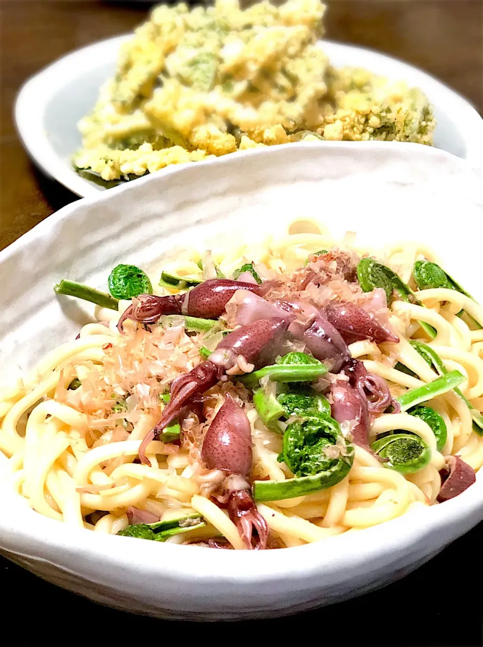 ホタルイカとこごみのペペロンチーノ春うどん|富士子🍒🐰🍓さん