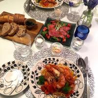 おうちごはん
 #おうちごはん  #トマトソースパスタ  #海老  #パプリカ  #ローストビーフサラダ  #バゲット  #ポルチーニ茸